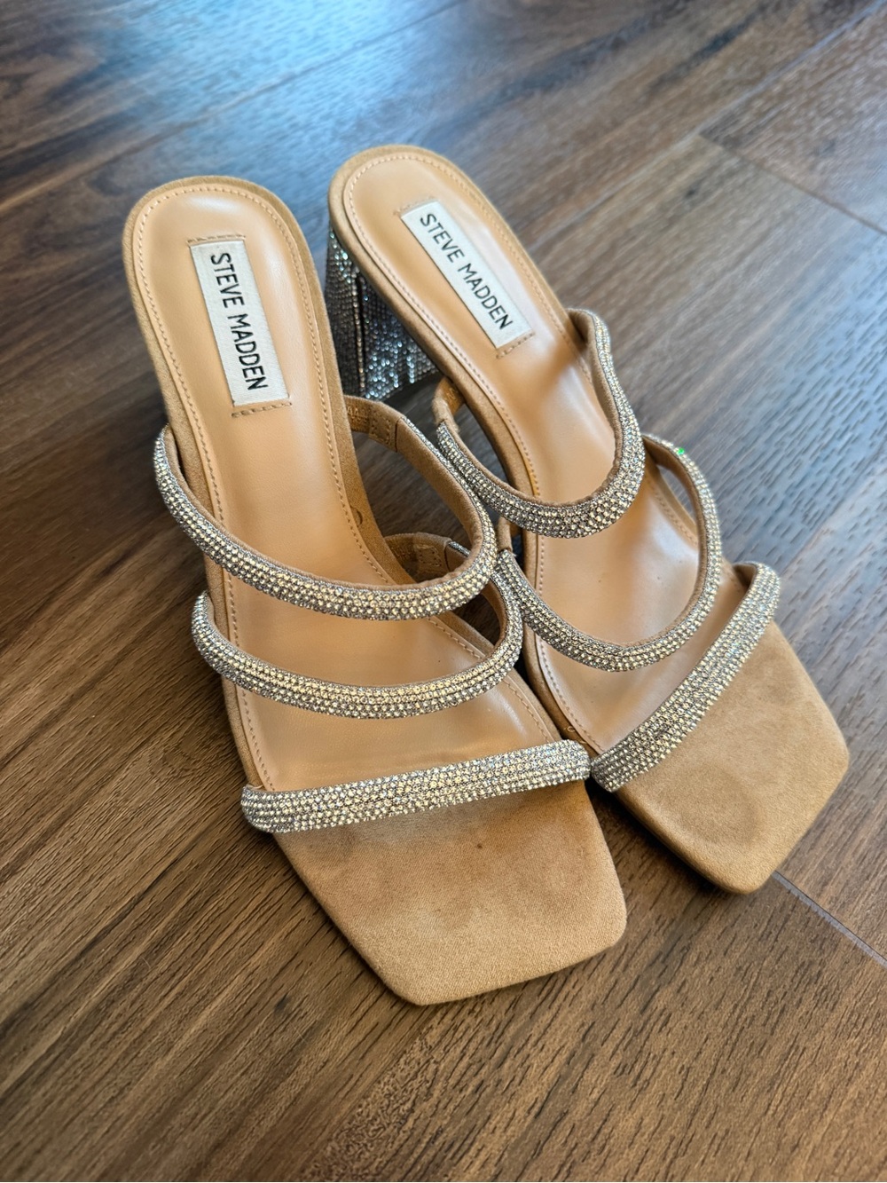 Steve Madden Tan Strappy Rhinestone Block Heel Sandals
